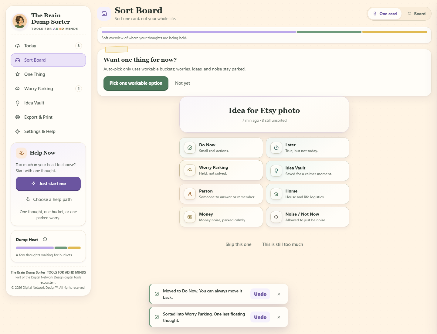 The Brain Dump Sorter interface during a core action