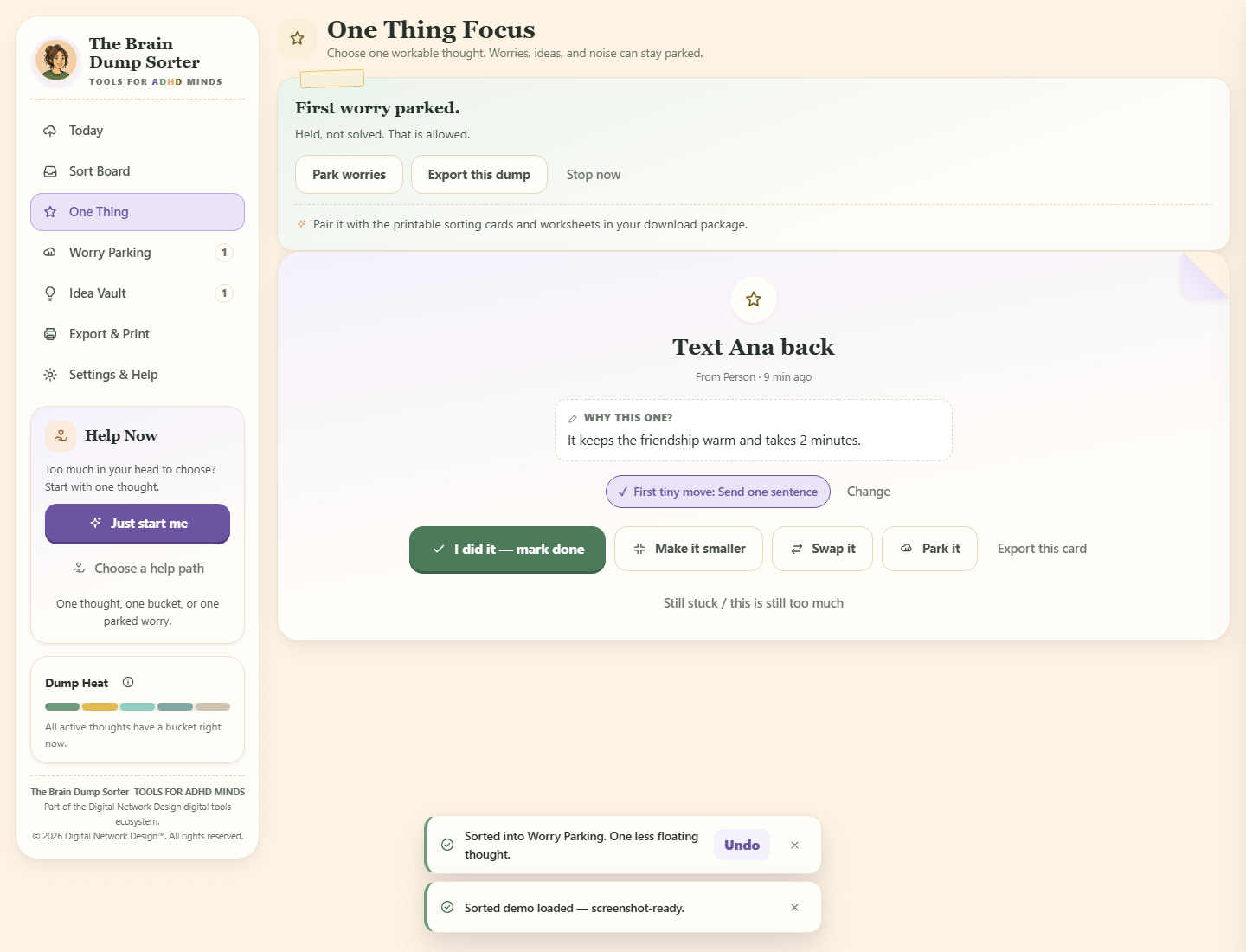 The Brain Dump Sorter interface showing a saved result