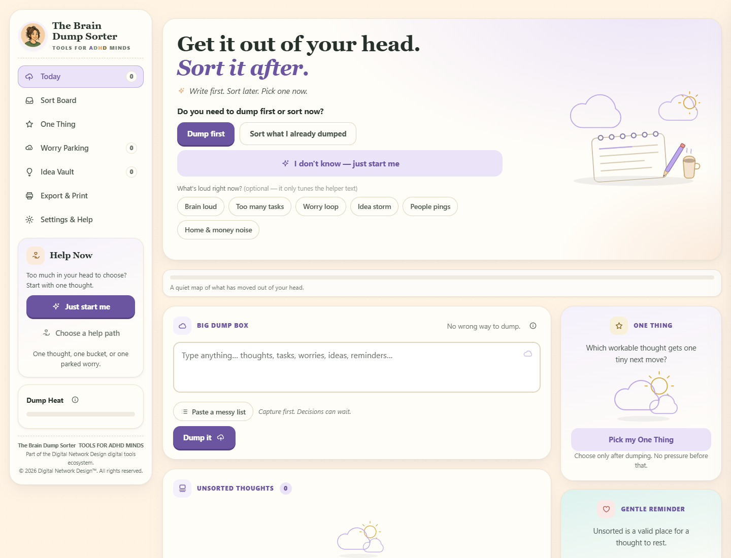 The Brain Dump Sorter browser app interface