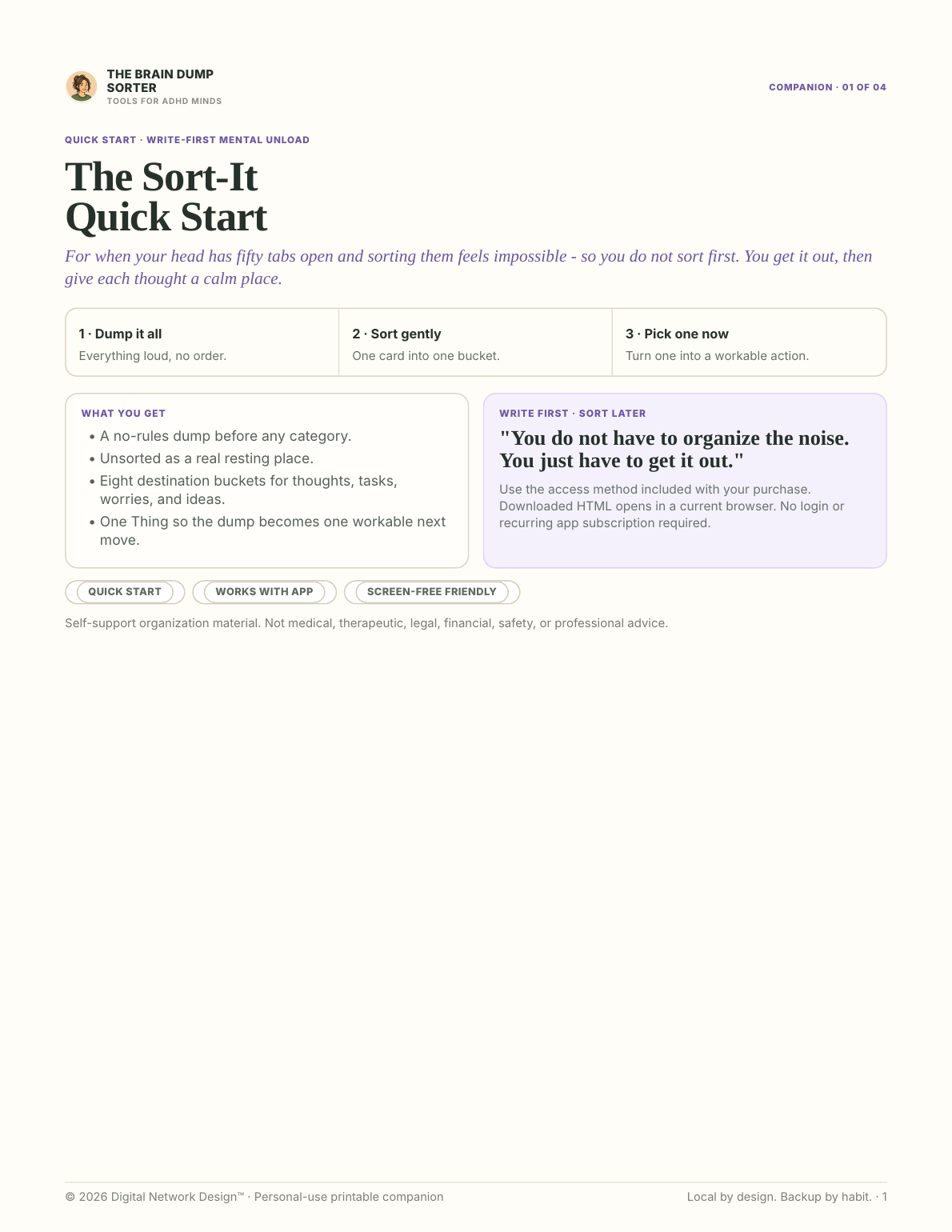 Page one from the companion PDF included with The Brain Dump Sorter