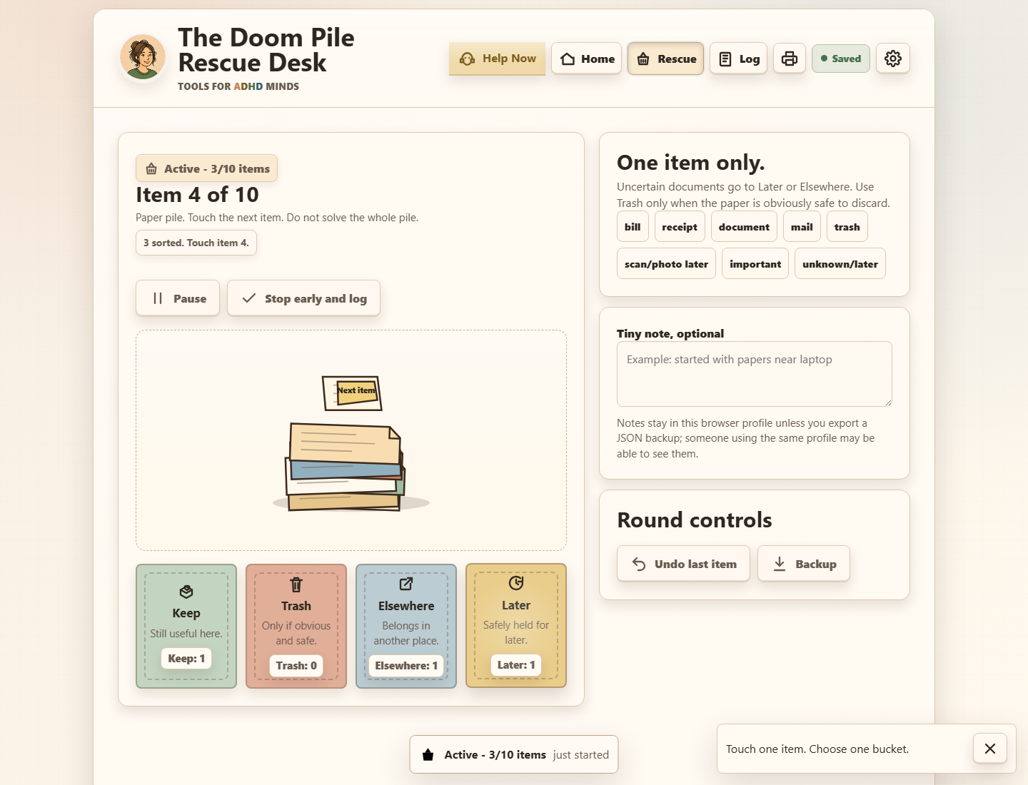 The Doom Pile Rescue Desk interface during a core action