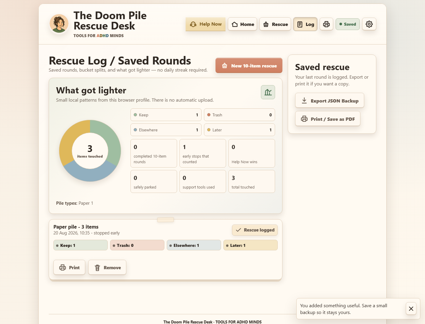 The Doom Pile Rescue Desk interface showing a saved result