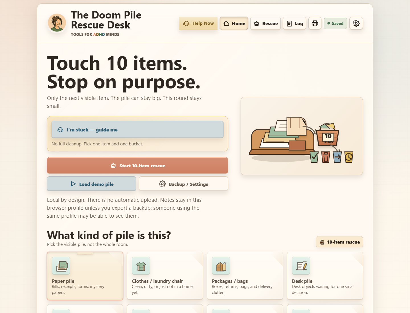 The Doom Pile Rescue Desk browser app interface