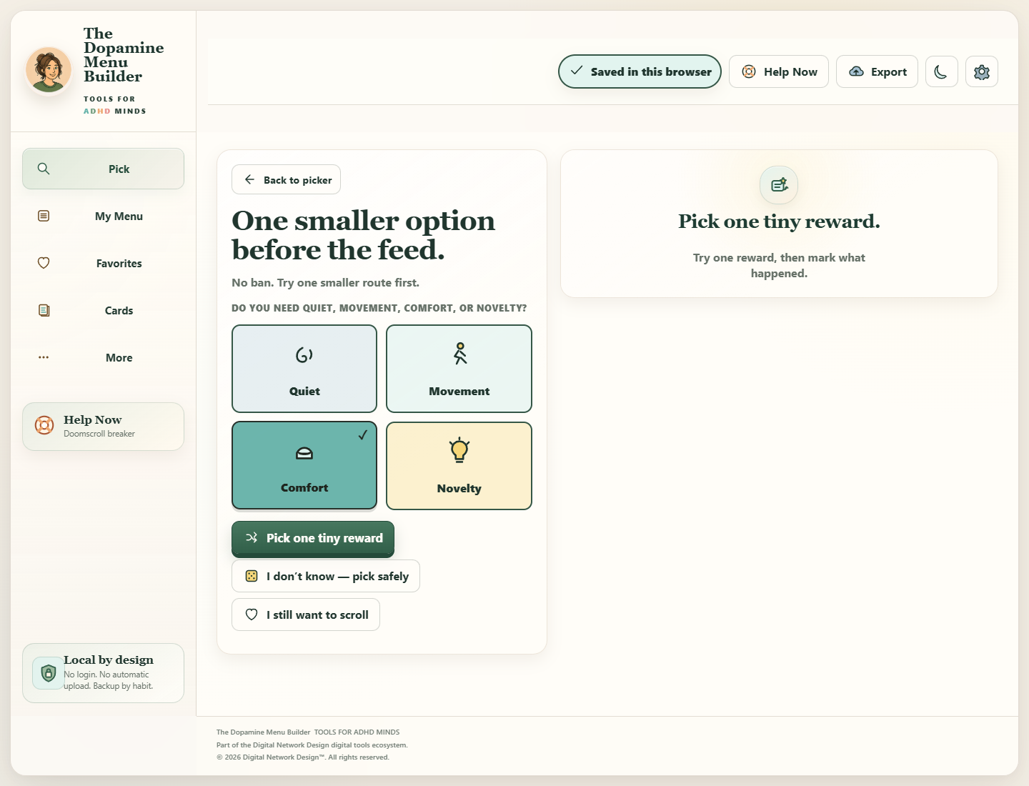 The Dopamine Menu Builder interface during a core action