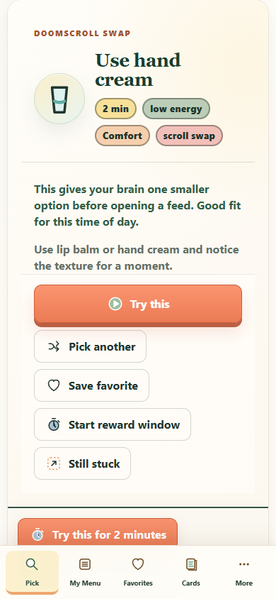 The Dopamine Menu Builder mobile interface during a core action
