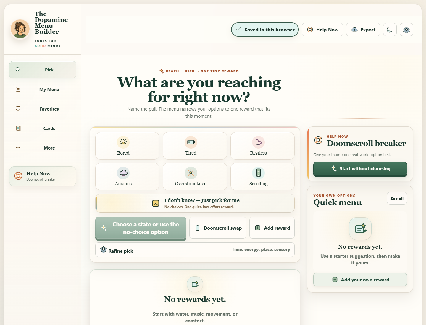 The Dopamine Menu Builder browser app interface