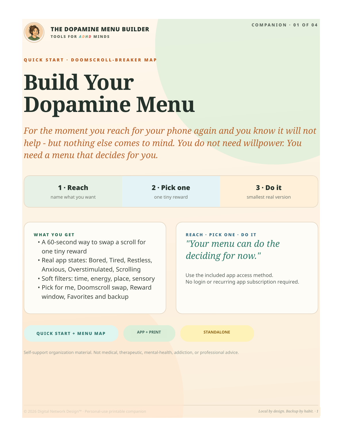 Page one from the companion PDF included with The Dopamine Menu Builder