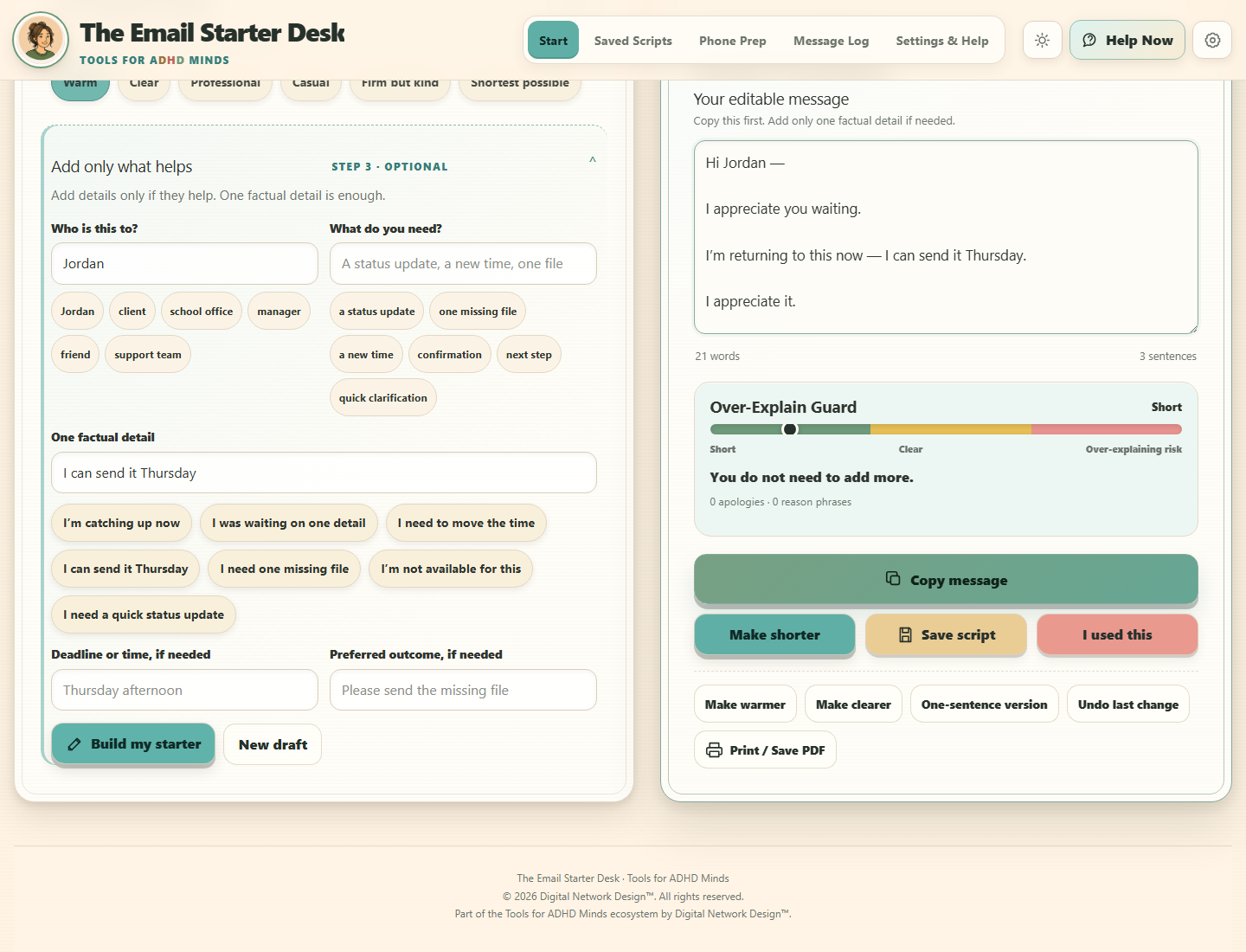 The Email Starter Desk interface during a core action