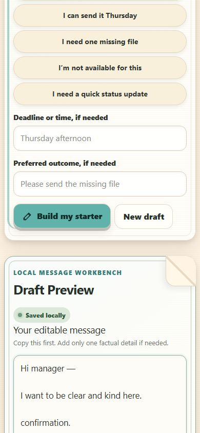 The Email Starter Desk mobile interface during a core action