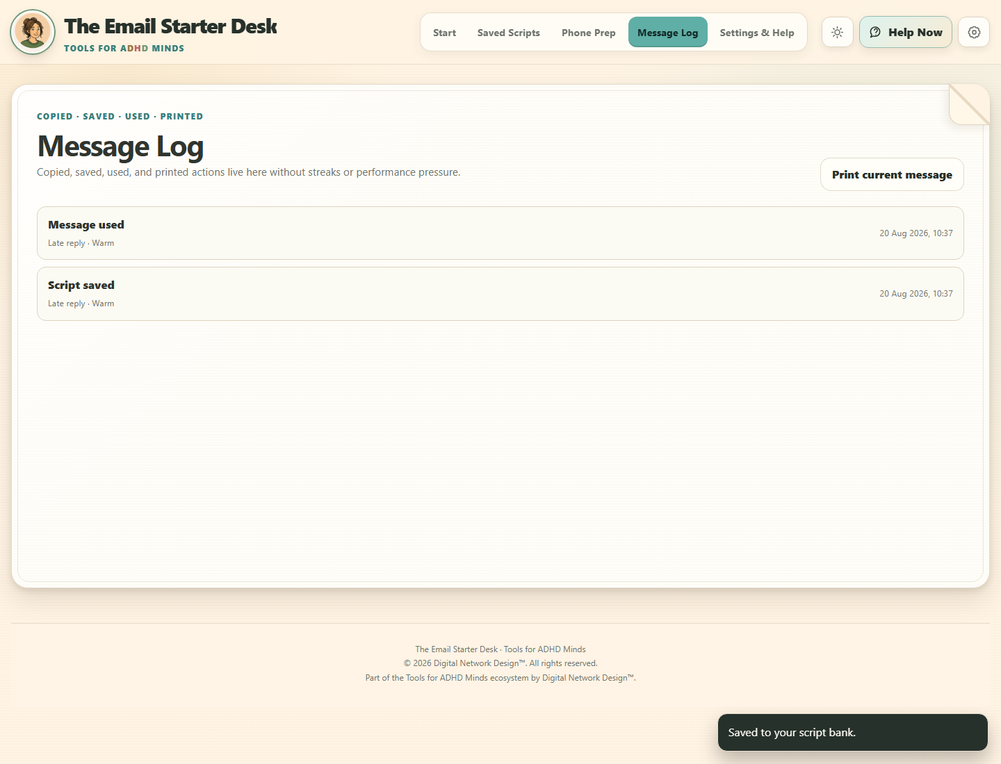The Email Starter Desk interface showing a saved result