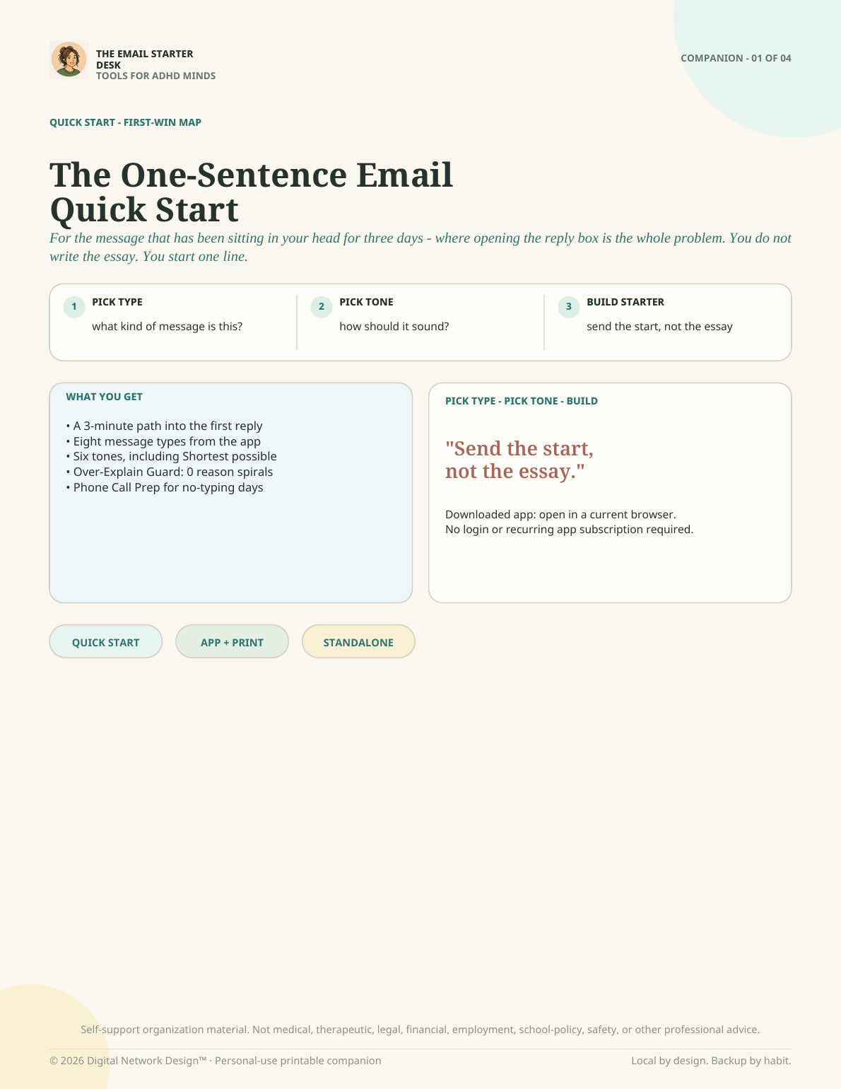Page one from the companion PDF included with The Email Starter Desk