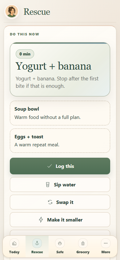 The Food Anchor Desk mobile interface during a core action