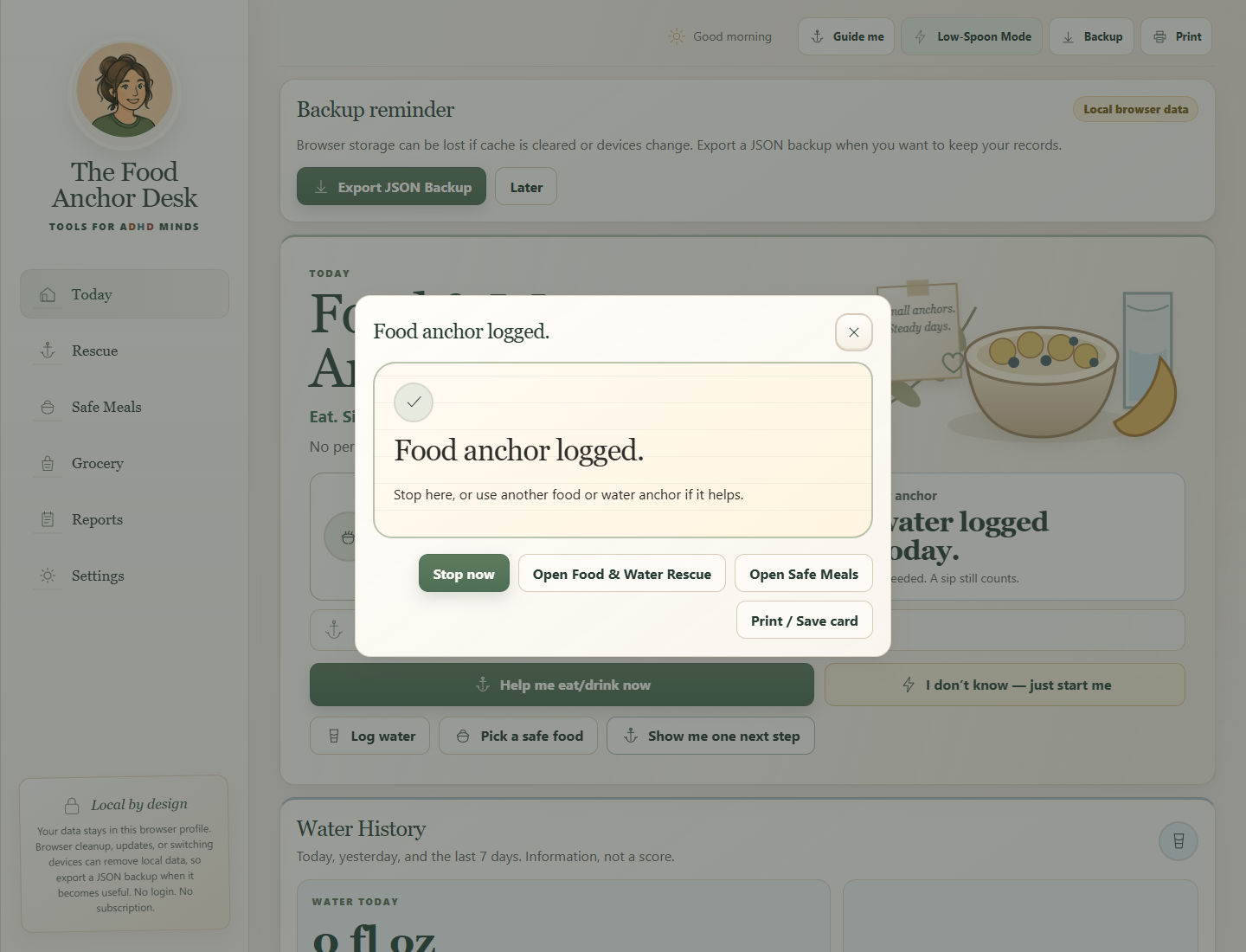 The Food Anchor Desk interface showing a saved result