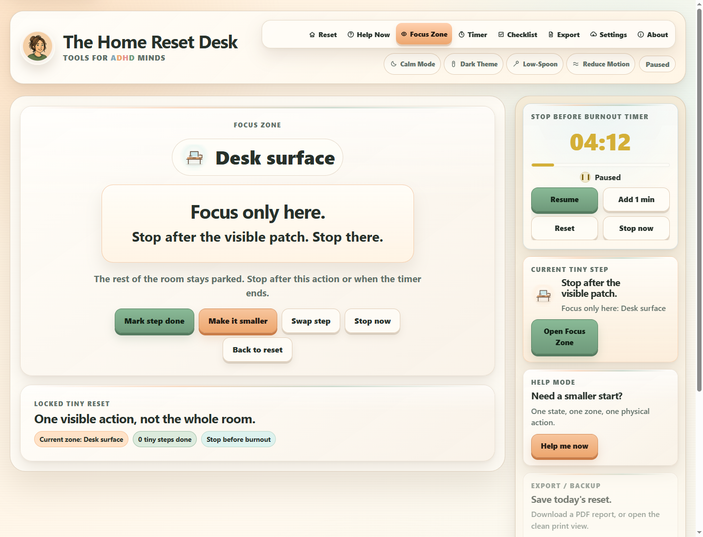 The Home Reset Desk interface during a core action