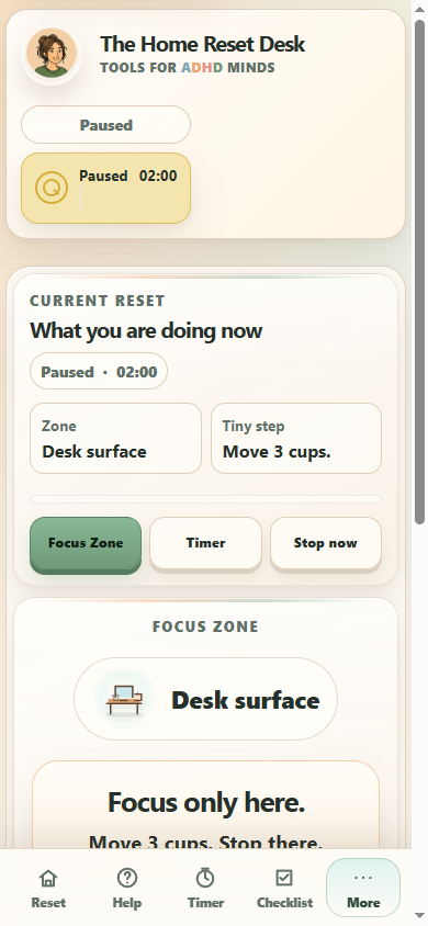 The Home Reset Desk mobile interface during a core action
