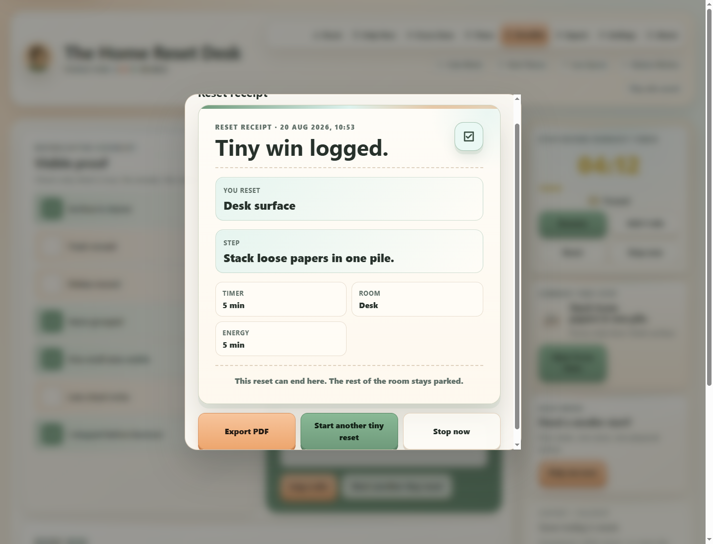 The Home Reset Desk interface showing a saved result