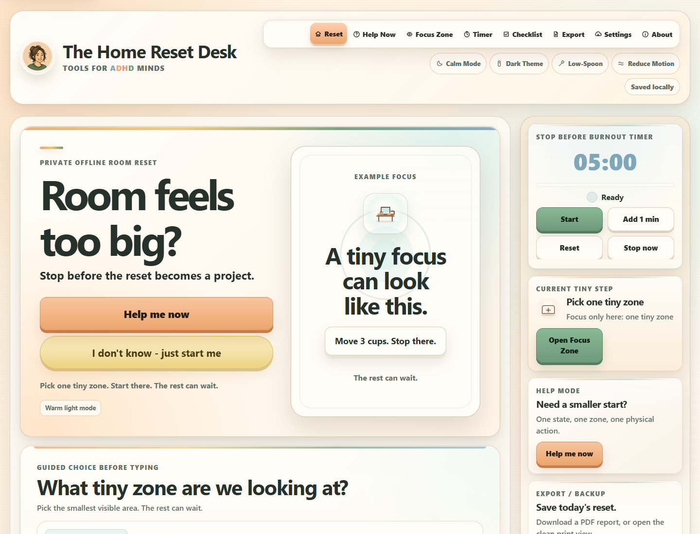 The Home Reset Desk browser app interface