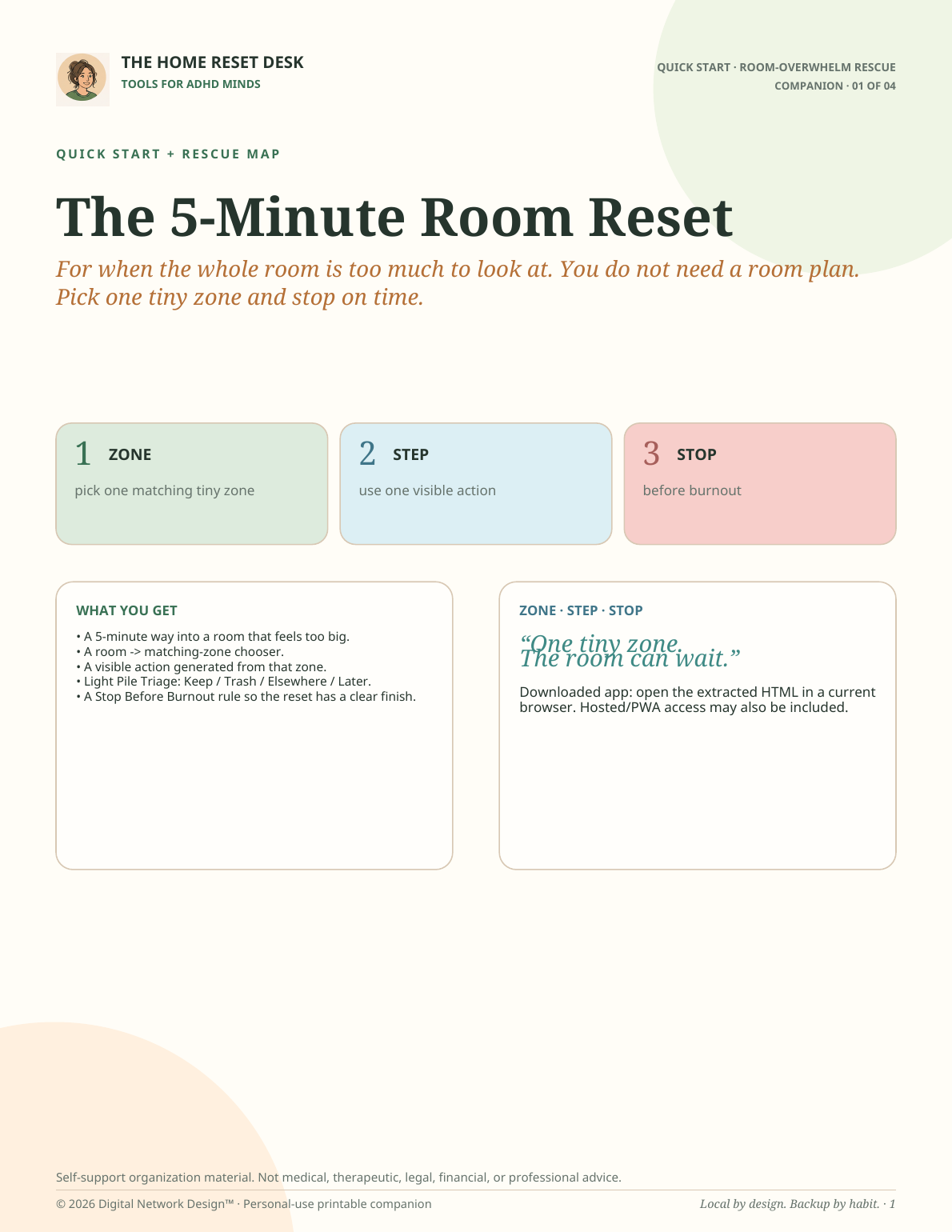 Page one from the companion PDF included with The Home Reset Desk