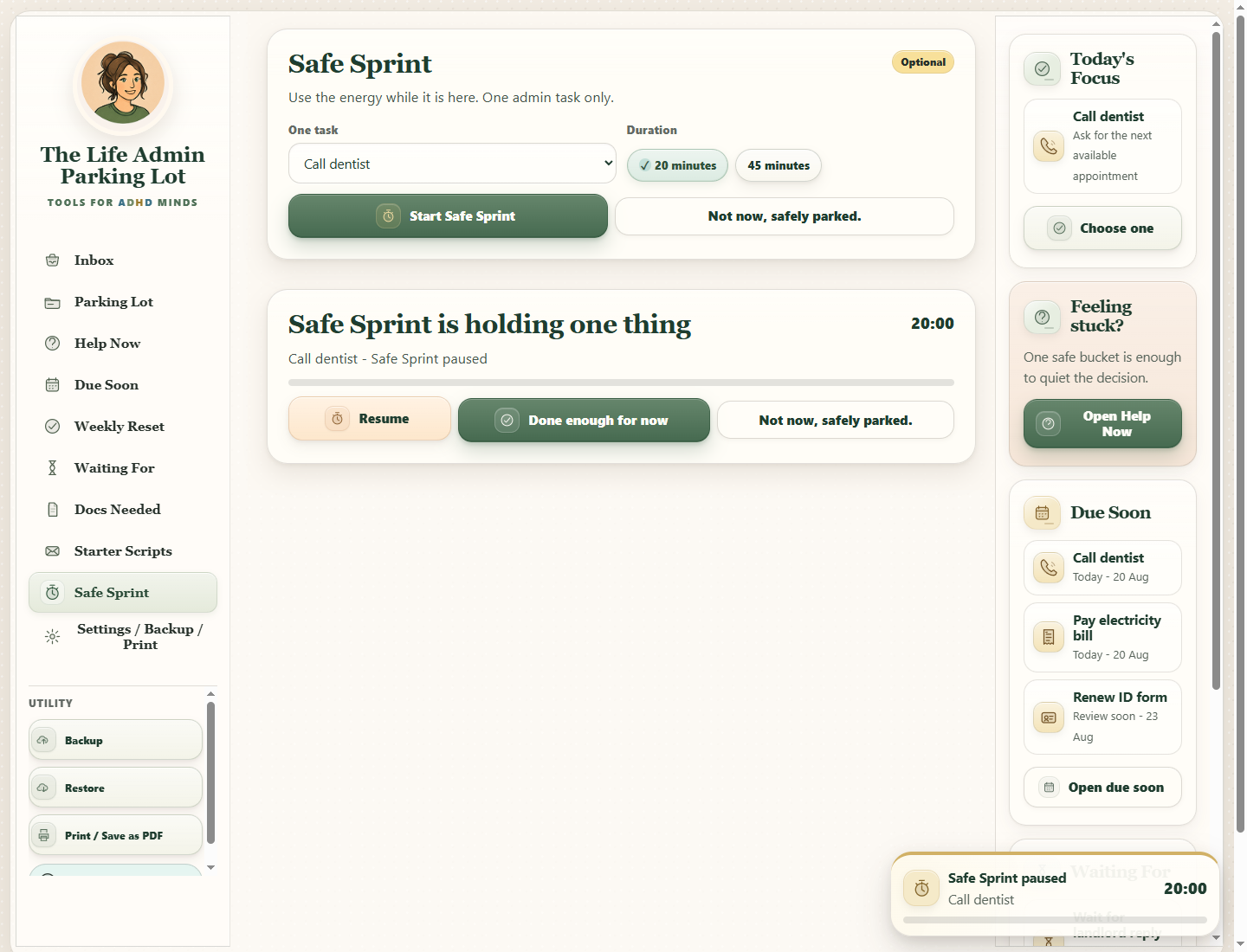 The Life Admin Parking Lot interface during a core action