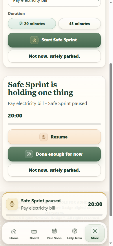 The Life Admin Parking Lot mobile interface during a core action