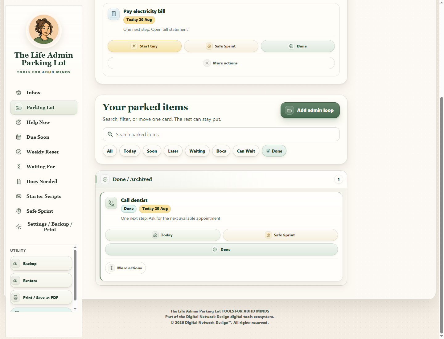 The Life Admin Parking Lot interface showing a saved result
