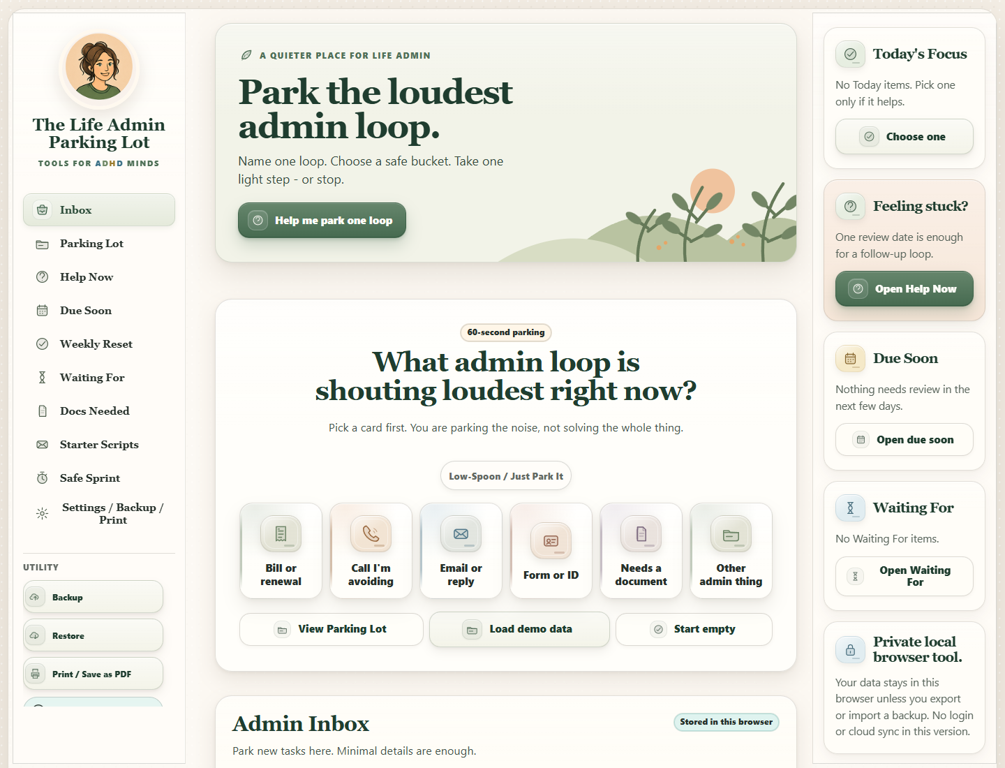 The Life Admin Parking Lot browser app interface