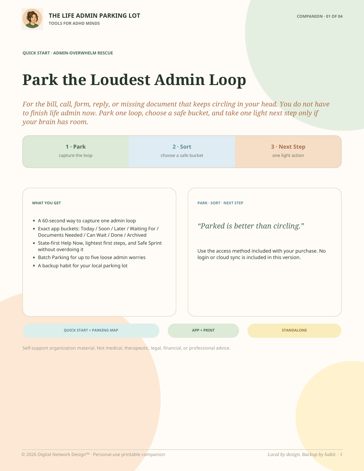 Page one from the companion PDF included with The Life Admin Parking Lot