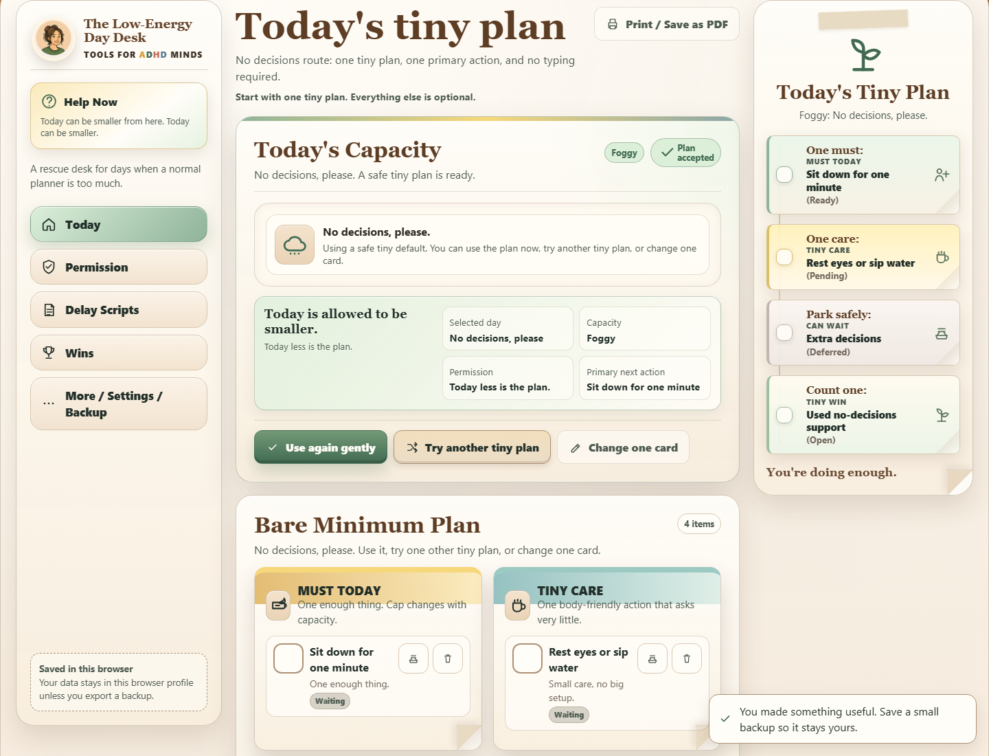 The Low-Energy Day Desk interface during a core action
