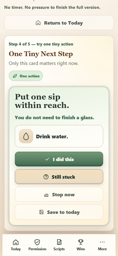 The Low-Energy Day Desk mobile interface during a core action