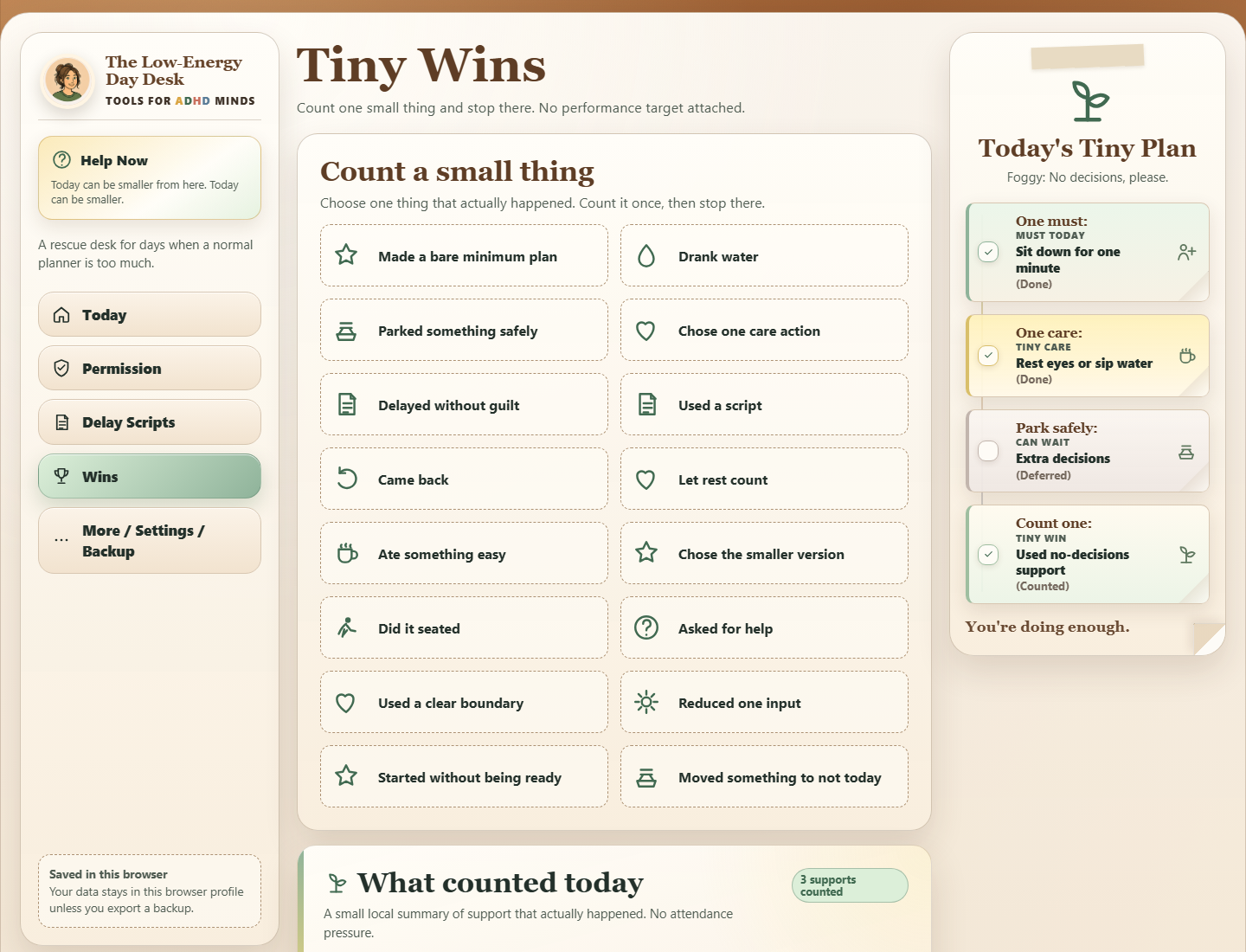 The Low-Energy Day Desk interface showing a saved result