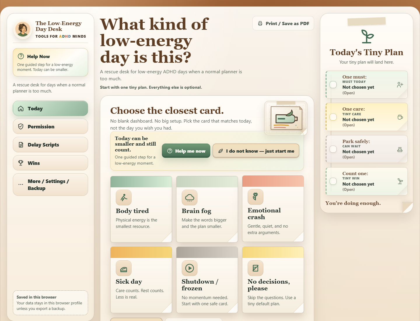 The Low-Energy Day Desk browser app interface