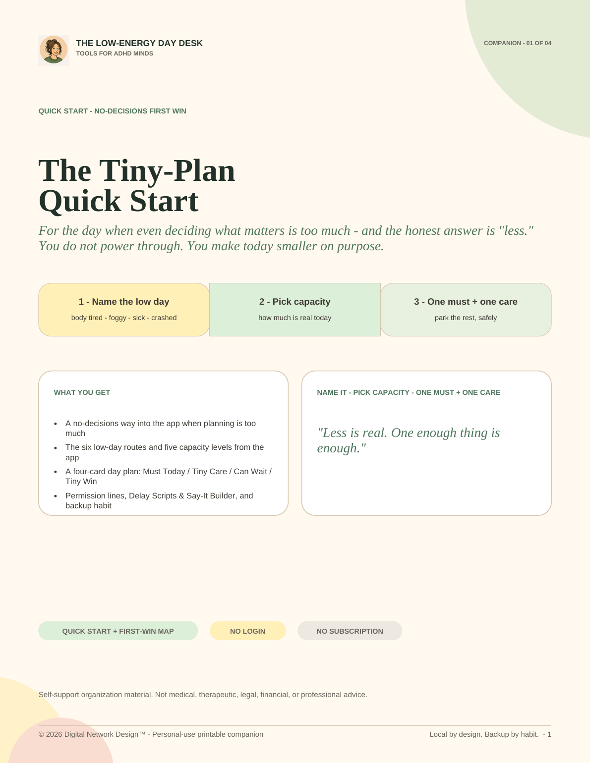 Page one from the companion PDF included with The Low-Energy Day Desk
