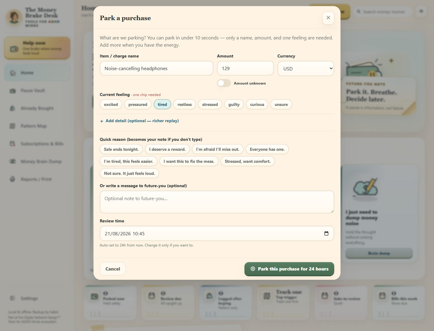 The Money Brake Desk interface during a core action