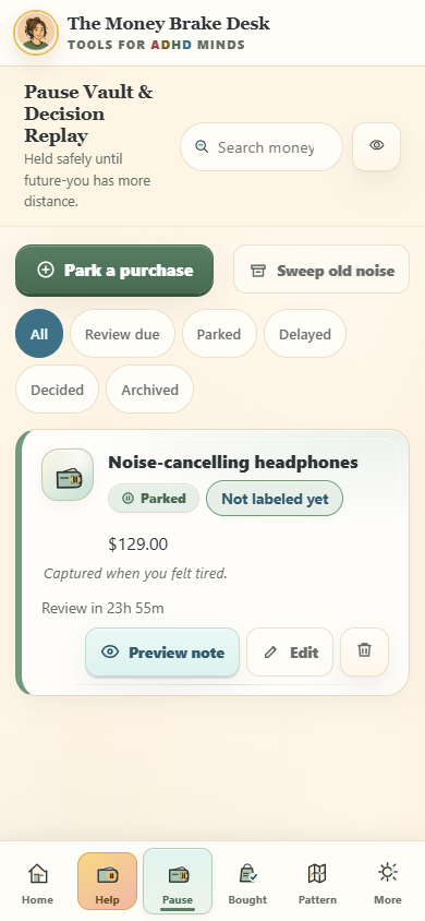 The Money Brake Desk mobile interface during a core action