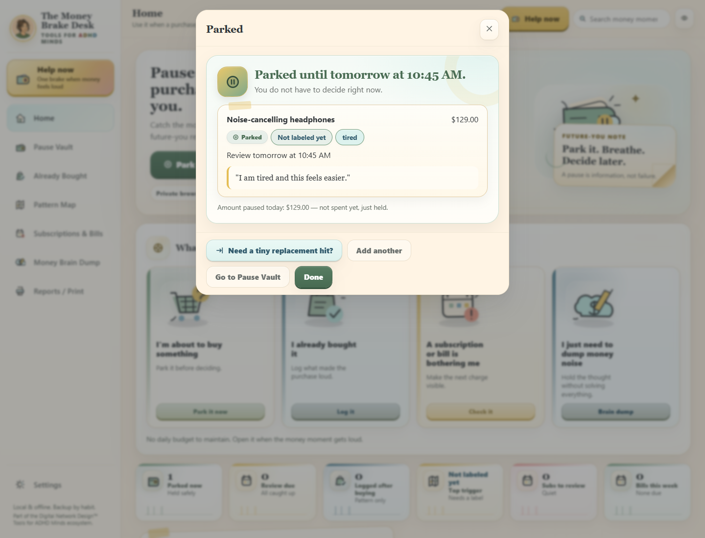 The Money Brake Desk interface showing a saved result