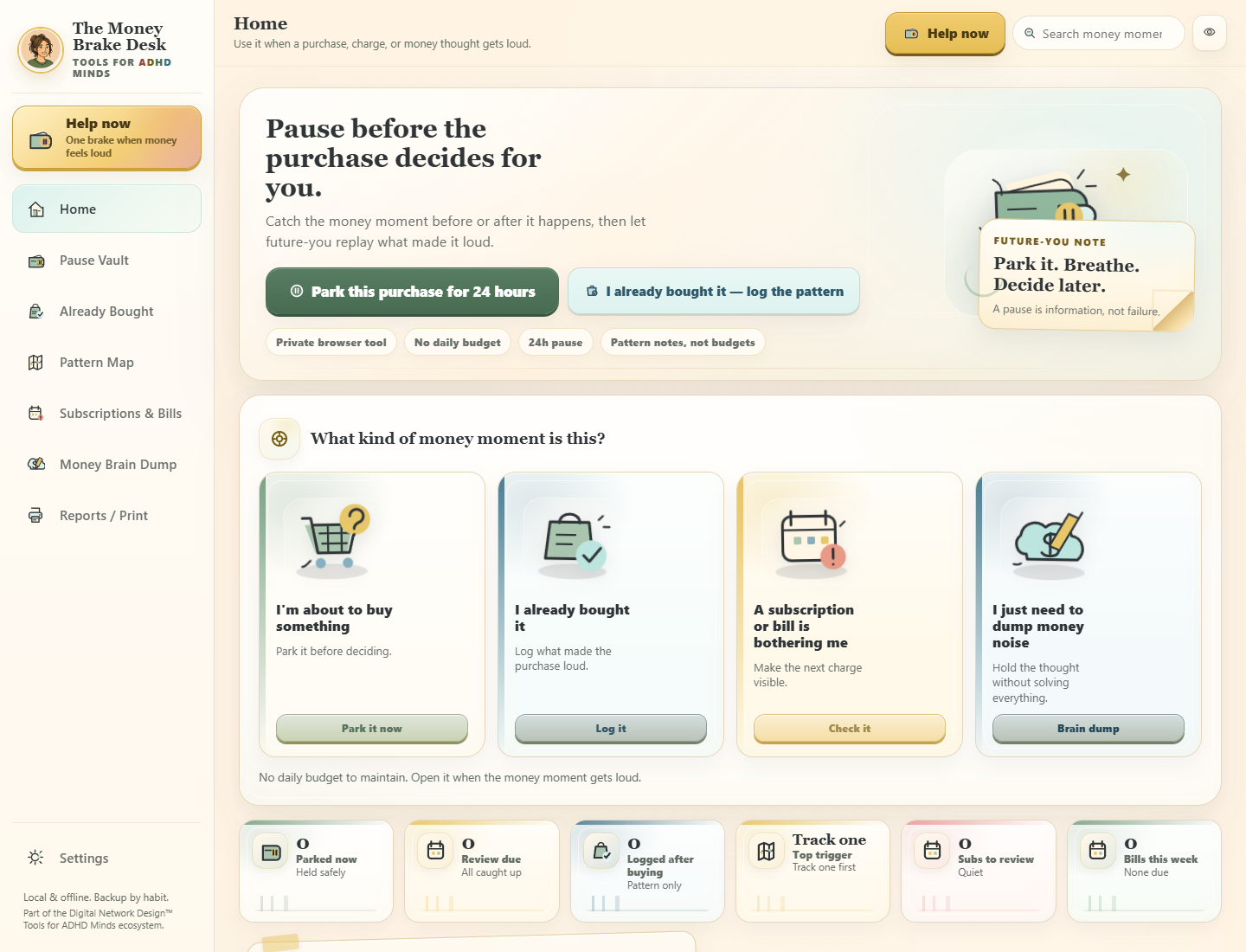 The Money Brake Desk browser app interface