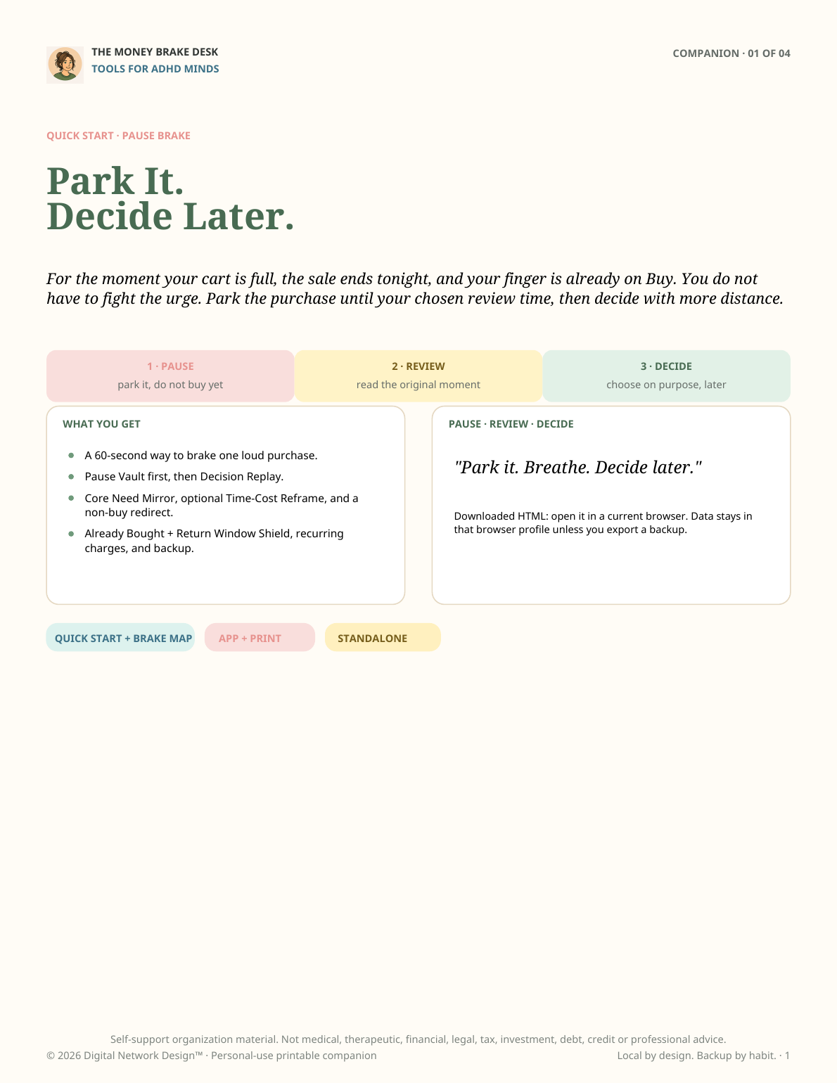 Page one from the companion PDF included with The Money Brake Desk