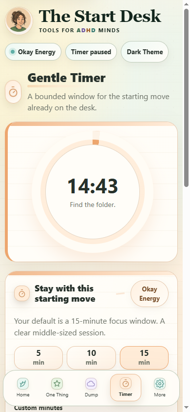 The Start Desk mobile interface during a core action