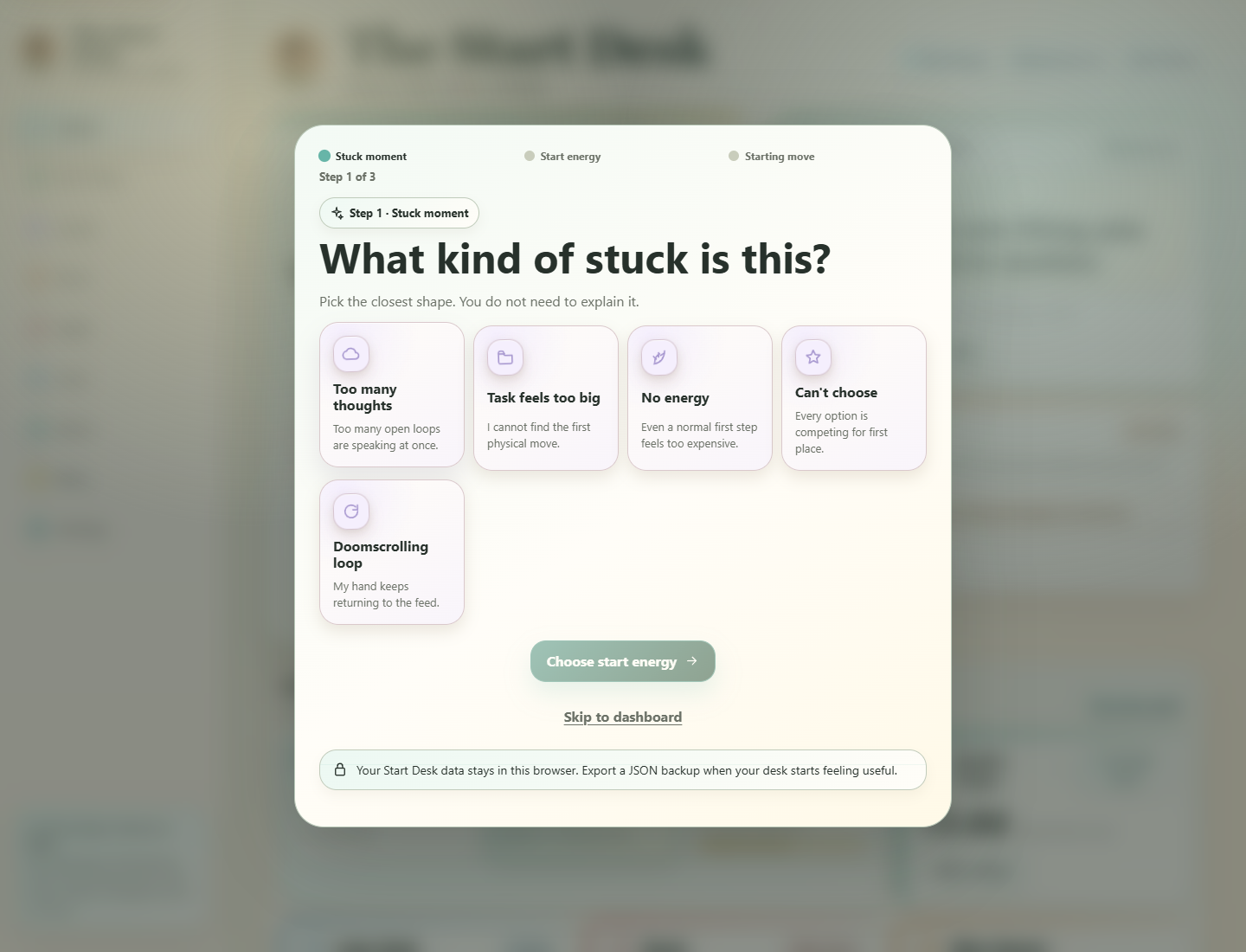 The Start Desk browser app interface