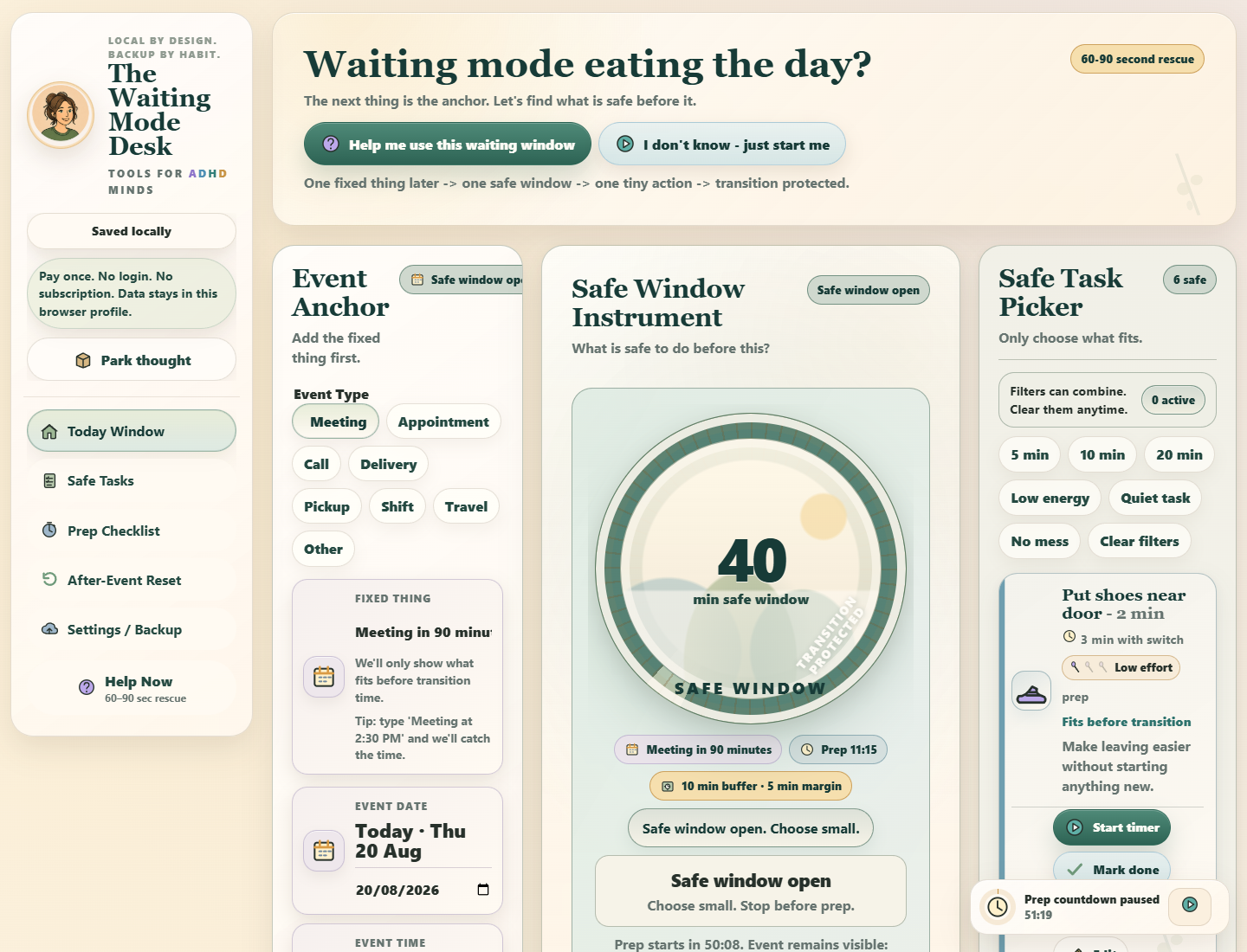 The Waiting Mode Desk interface during a core action
