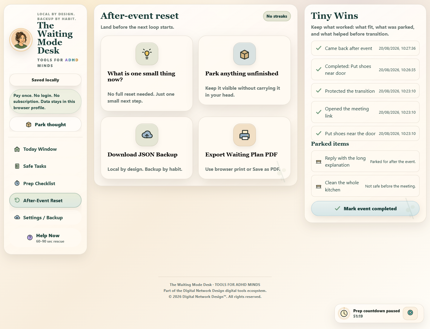 The Waiting Mode Desk interface showing a saved result