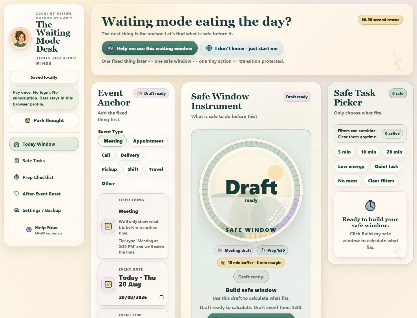 The Waiting Mode Desk browser app interface