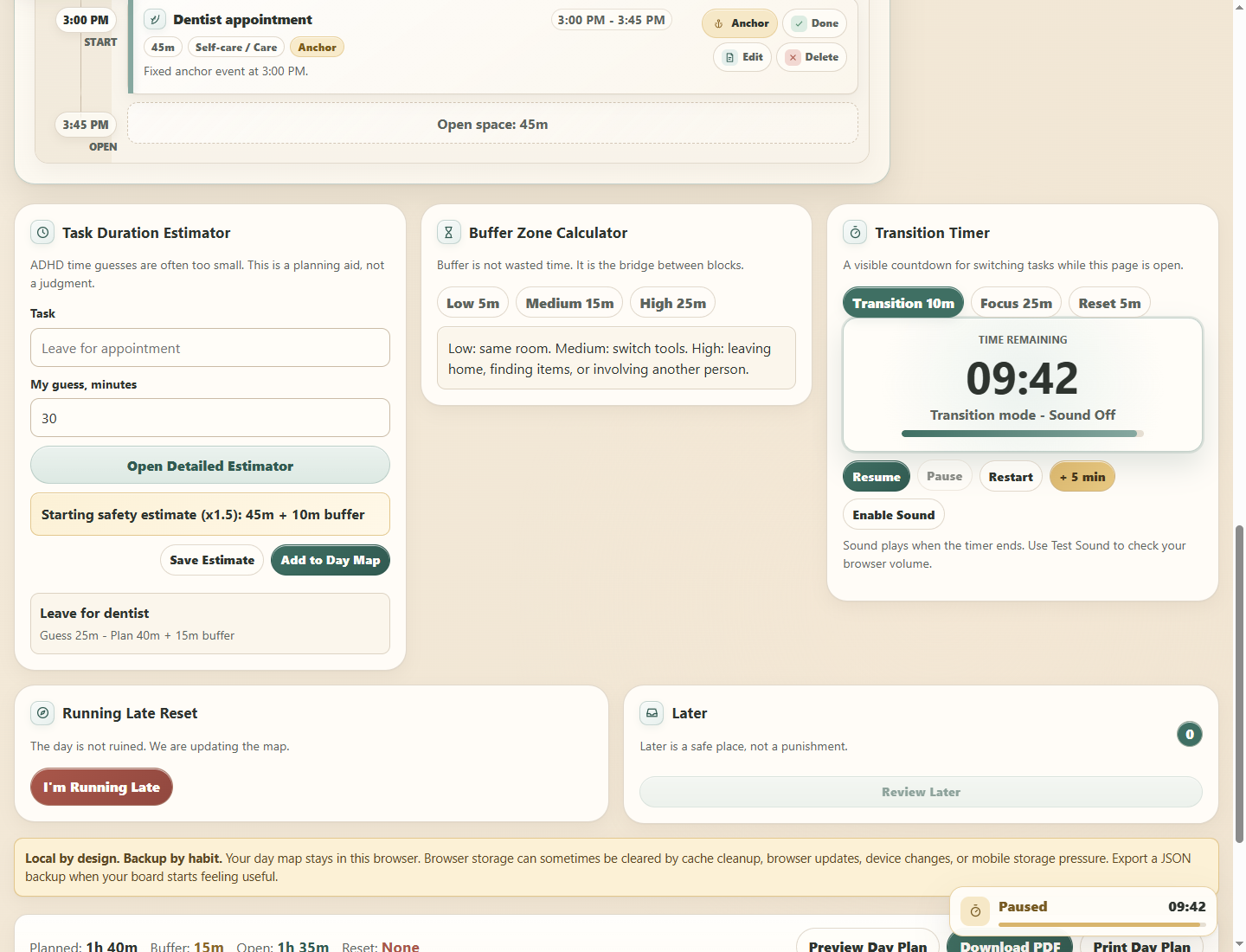 The Time Blindness Board interface during a core action