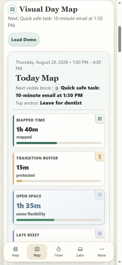 The Time Blindness Board mobile interface during a core action