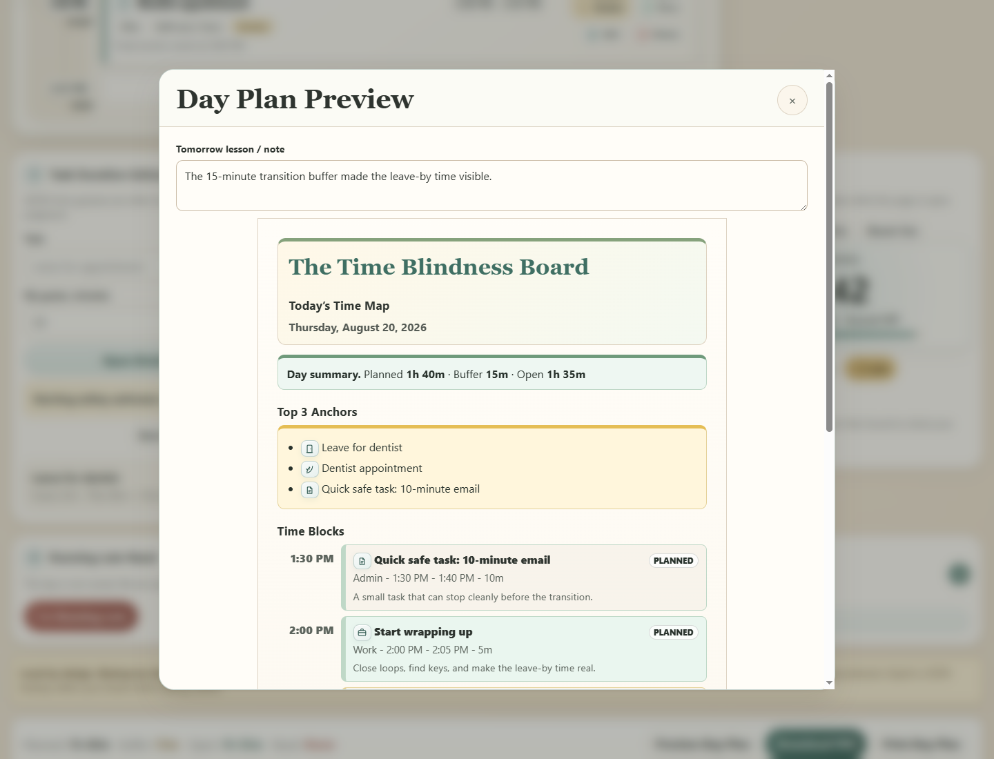 The Time Blindness Board interface showing a saved result