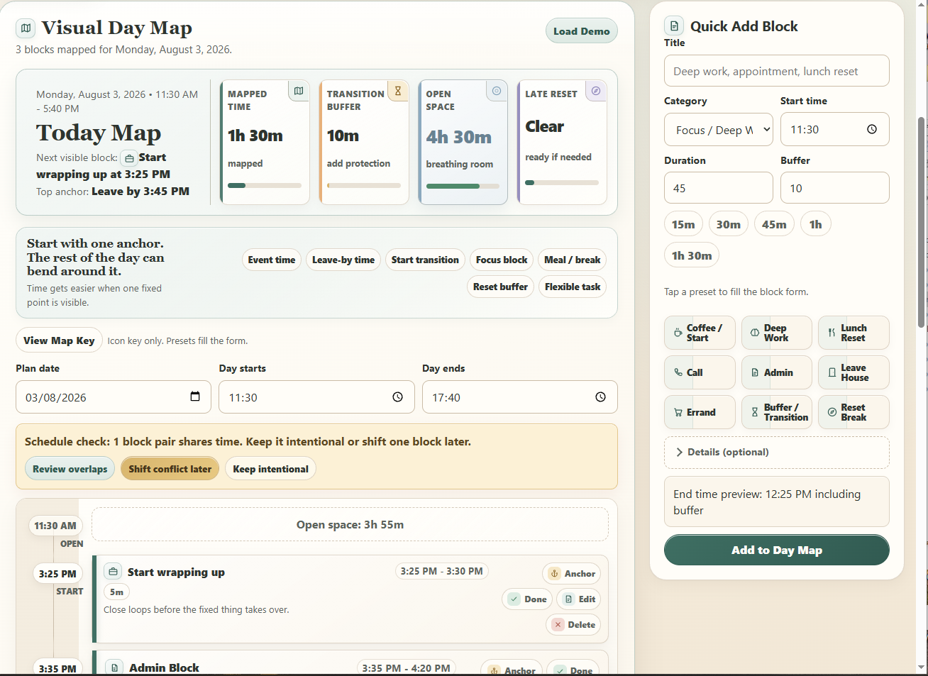 The Time Blindness Board browser app interface