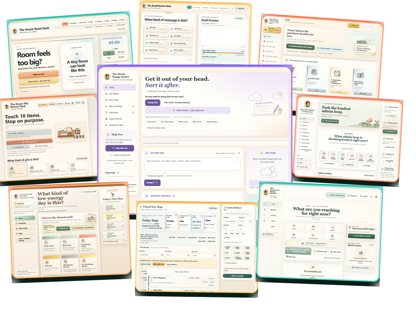 Collage of nine real ADHD Minds Studio app interfaces, including The Brain Dump Sorter, The Time Blindness Board, and The Home Reset Desk.